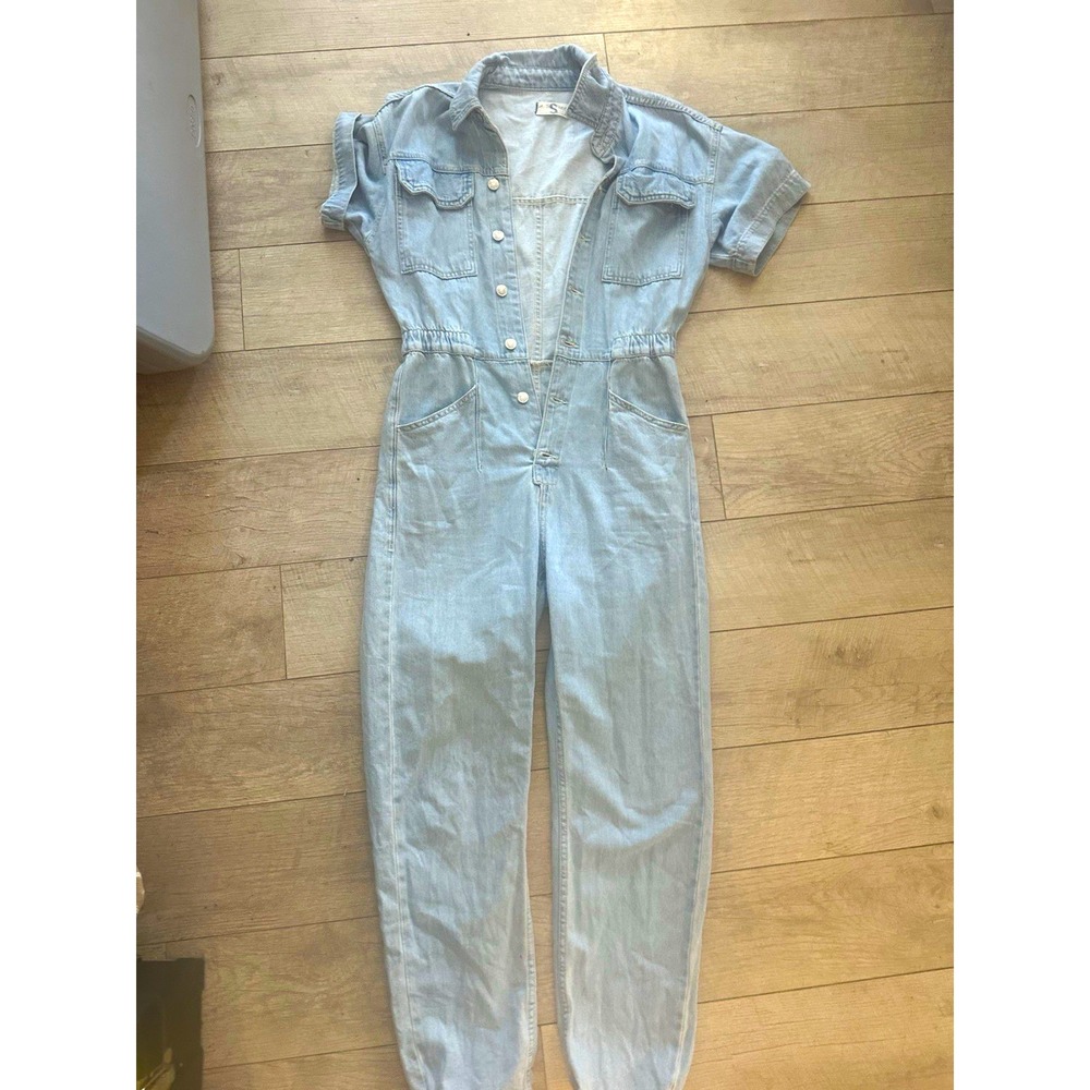 We The Free Blue Denim Jumpsuit S Button Front Short Sleeve Pockets Collared